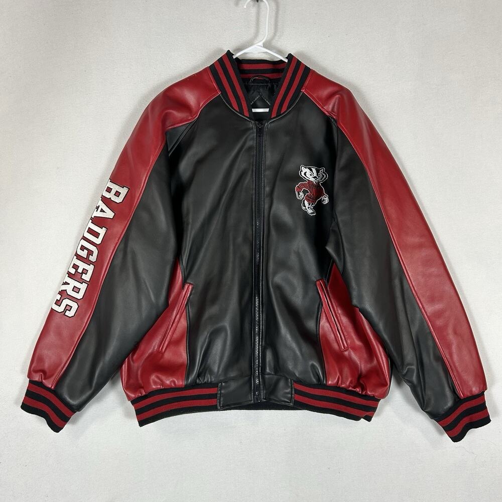 VTG Wisconsin Badgers Faux Leather Bomber Varsity Jacket Mens XL NCAA Football